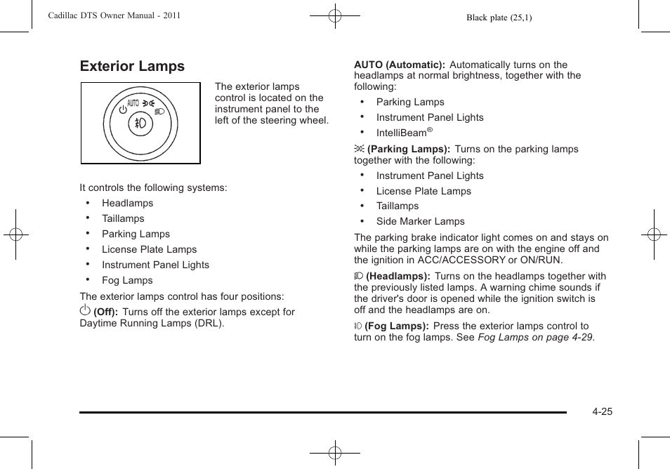 Exterior lamps, Exterior lamps -25 | Cadillac 2011 DTS User Manual | Page 187 / 470