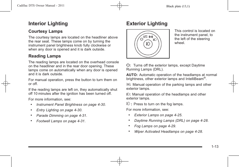 Interior lighting, Exterior lighting, Interior lighting -13 exterior lighting -13 | Courtesy lamps, Reading lamps | Cadillac 2011 DTS User Manual | Page 19 / 470