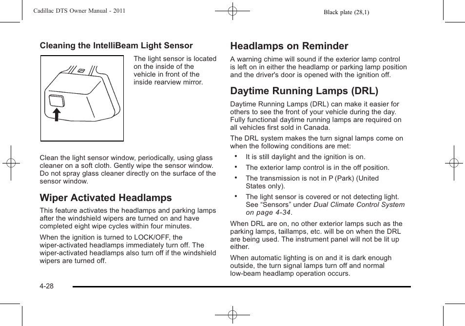 Wiper activated headlamps, Headlamps on reminder, Daytime running lamps (drl) | Cadillac 2011 DTS User Manual | Page 190 / 470