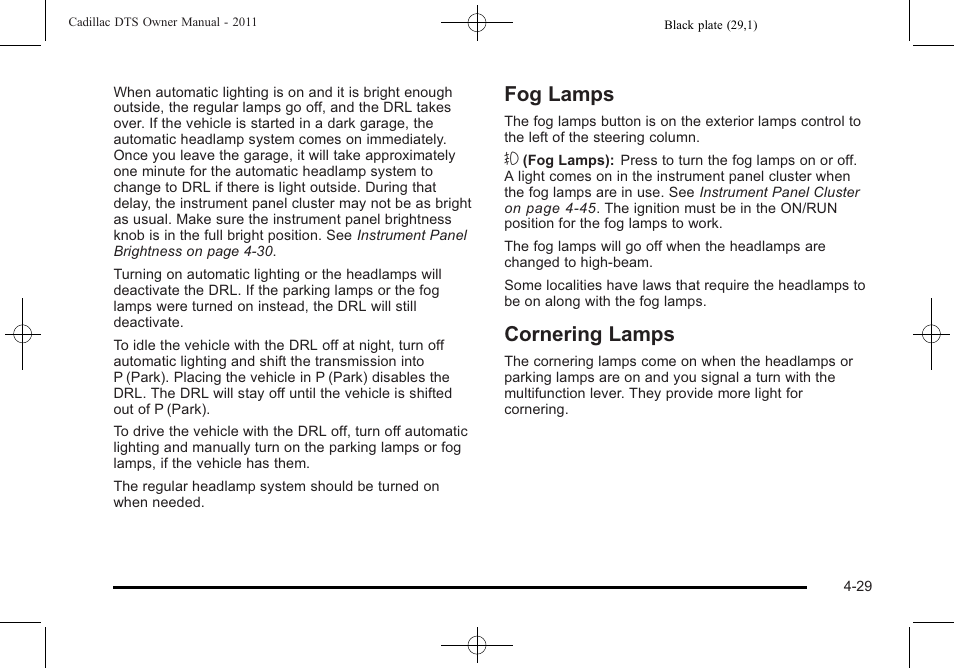 Fog lamps, Cornering lamps, Fog lamps -29 cornering lamps -29 | Cadillac 2011 DTS User Manual | Page 191 / 470