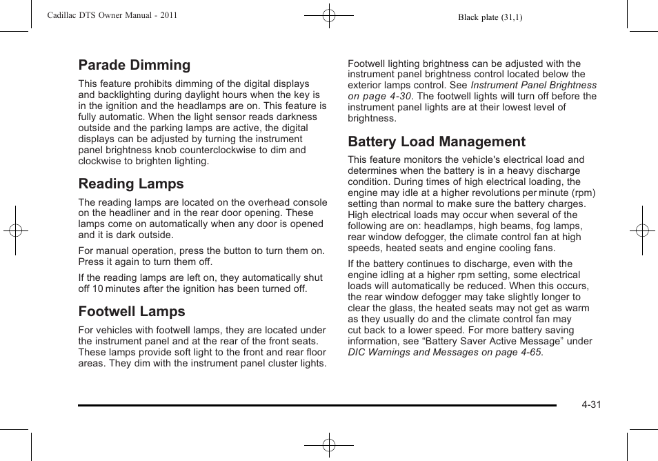 Parade dimming, Reading lamps, Footwell lamps | Battery load management | Cadillac 2011 DTS User Manual | Page 193 / 470