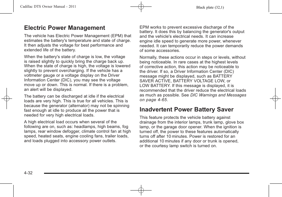 Electric power management, Inadvertent power battery saver | Cadillac 2011 DTS User Manual | Page 194 / 470