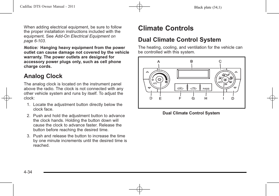 Analog clock, Climate controls, Dual climate control system | Analog clock -34, Climate controls -34, Dual climate control system -34 | Cadillac 2011 DTS User Manual | Page 196 / 470