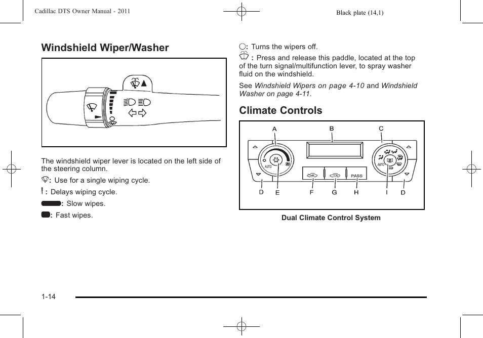 Windshield wiper/washer, Climate controls, Windshield wiper/washer -14 climate controls -14 | Cadillac 2011 DTS User Manual | Page 20 / 470