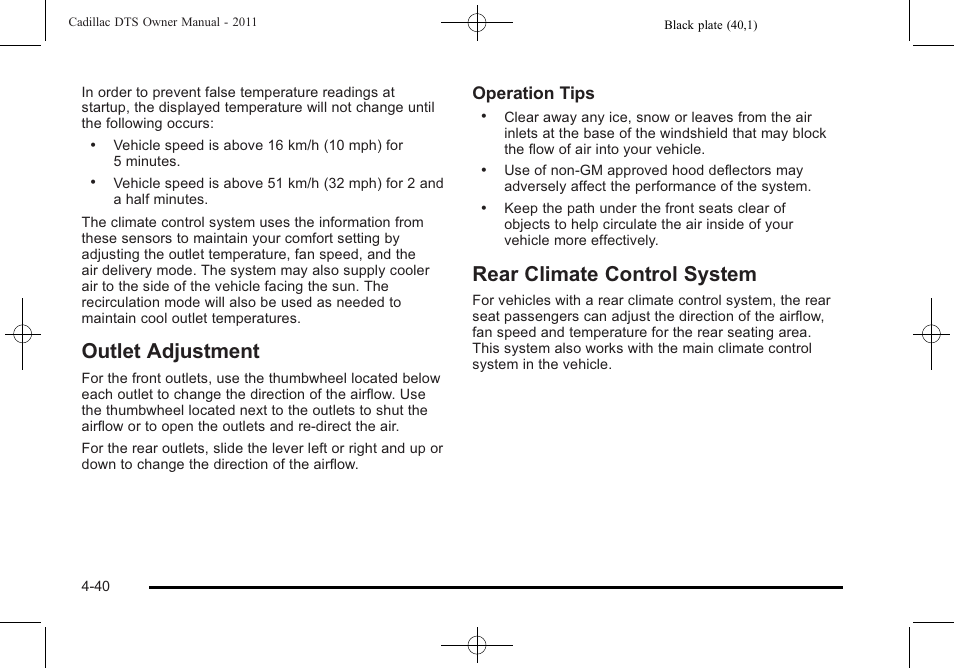 Outlet adjustment, Rear climate control system, Operation tips | Cadillac 2011 DTS User Manual | Page 202 / 470