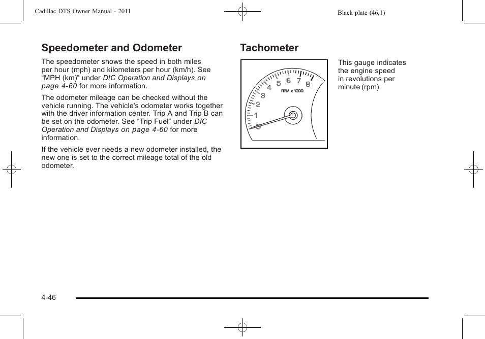 Speedometer and odometer, Tachometer, Speedometer and odometer -46 tachometer -46 | Cadillac 2011 DTS User Manual | Page 208 / 470