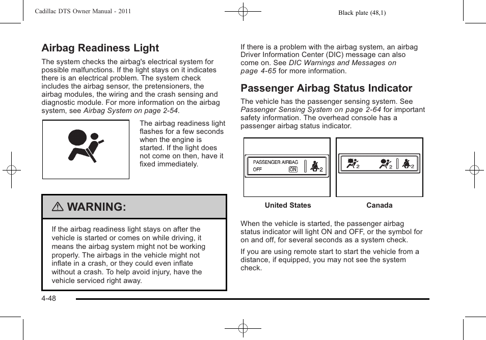 Airbag readiness light, Passenger airbag status indicator, Warning | Cadillac 2011 DTS User Manual | Page 210 / 470