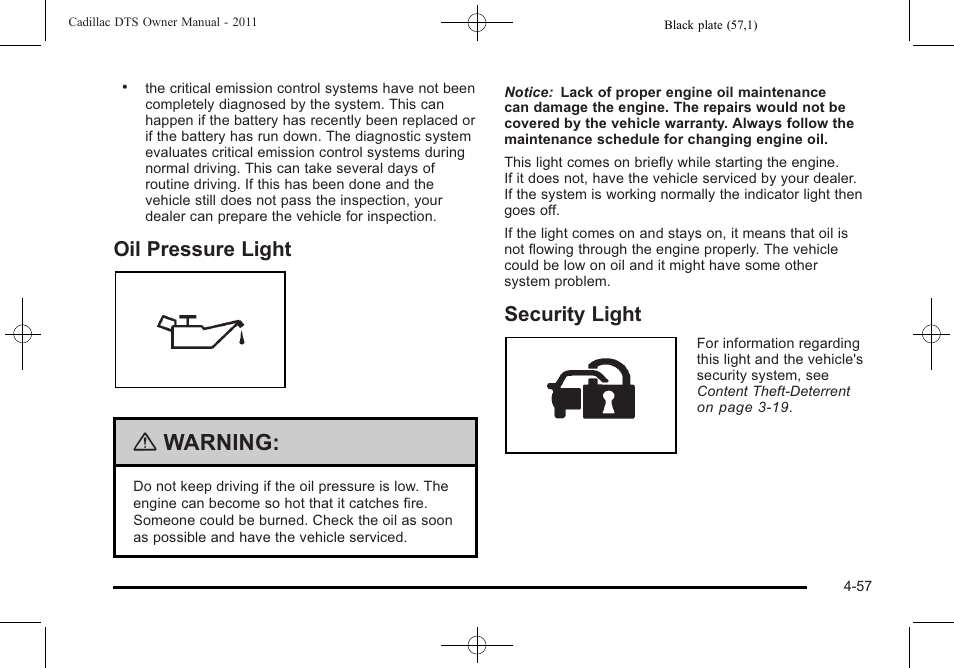 Oil pressure light, Security light, Oil pressure light -57 security light -57 | Warning | Cadillac 2011 DTS User Manual | Page 219 / 470