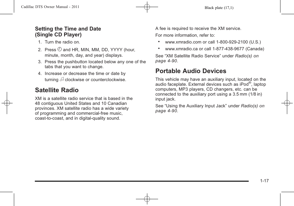 Satellite radio, Portable audio devices, Satellite radio -17 portable audio devices -17 | Cadillac 2011 DTS User Manual | Page 23 / 470