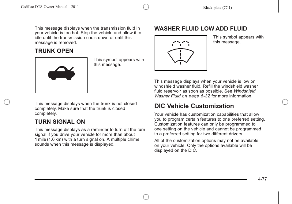 Dic vehicle customization, Dic vehicle customization -77, Trunk open | Turn signal on, Washer fluid low add fluid | Cadillac 2011 DTS User Manual | Page 239 / 470