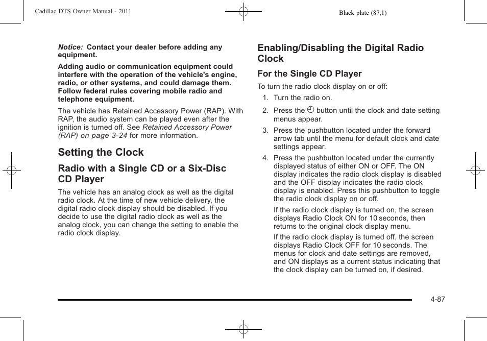 Setting the clock, Setting the clock -87, Radio with a single cd or a six-disc cd player | Enabling/disabling the digital radio clock | Cadillac 2011 DTS User Manual | Page 249 / 470