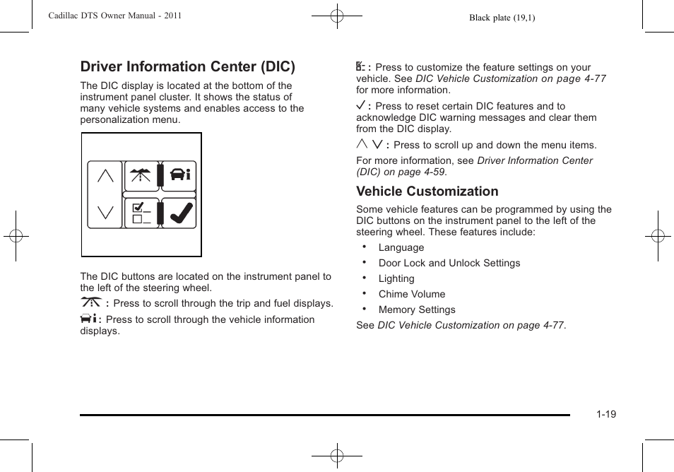 Driver information center (dic), Driver information center (dic) -19, Vehicle customization | Cadillac 2011 DTS User Manual | Page 25 / 470