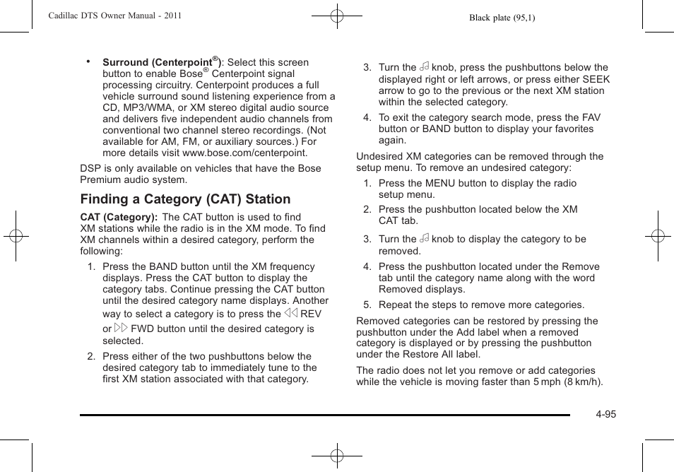 Finding a category (cat) station | Cadillac 2011 DTS User Manual | Page 257 / 470