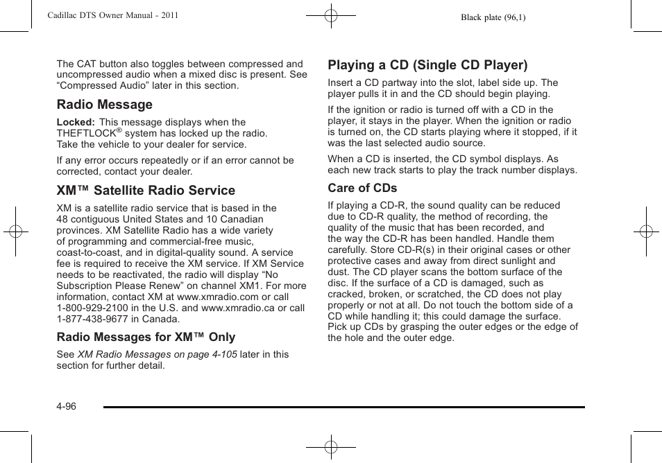 Radio message, Xm™ satellite radio service, Playing a cd (single cd player) | Cadillac 2011 DTS User Manual | Page 258 / 470