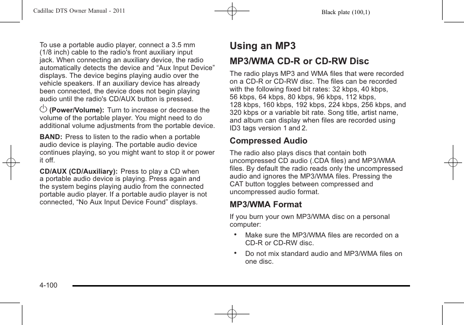 Using an mp3, Using an mp3 -100, Mp3/wma cd-r or cd-rw disc | Cadillac 2011 DTS User Manual | Page 262 / 470