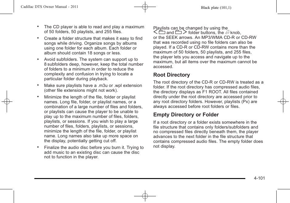 Root directory, Empty directory or folder | Cadillac 2011 DTS User Manual | Page 263 / 470