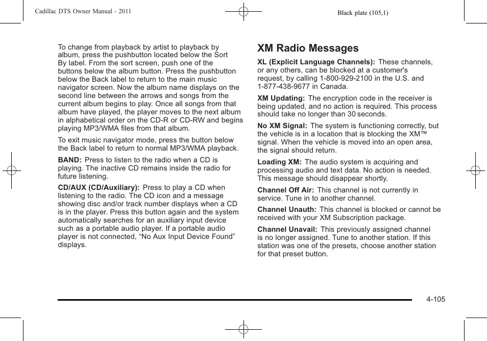 Xm radio messages, Xm radio messages -105 | Cadillac 2011 DTS User Manual | Page 267 / 470
