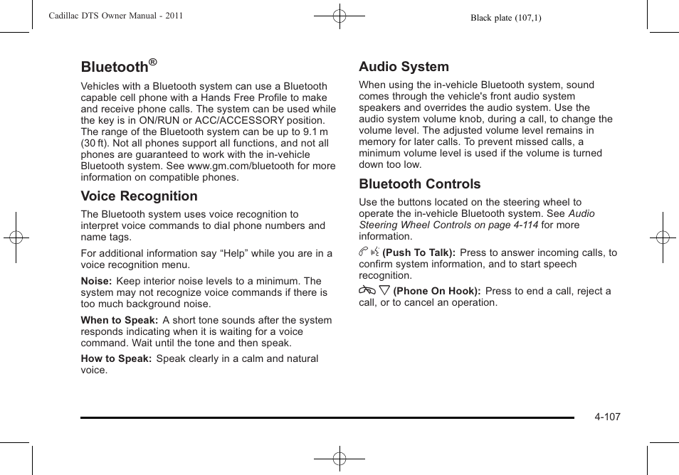 Bluetooth, Voice recognition, Audio system | Bluetooth controls | Cadillac 2011 DTS User Manual | Page 269 / 470
