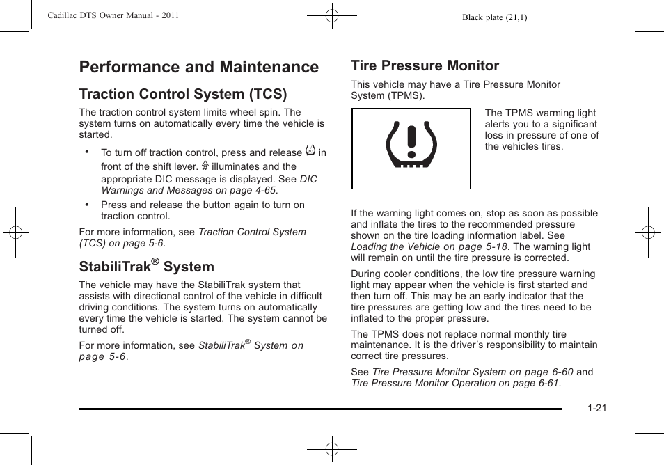 Performance and maintenance, Traction control system (tcs), Stabilitrak® system | Tire pressure monitor, Performance and maintenance -21, Universal home remote, Traction control system (tcs) -21 stabilitrak, System -21, Tire pressure monitor -21, Stabilitrak | Cadillac 2011 DTS User Manual | Page 27 / 470