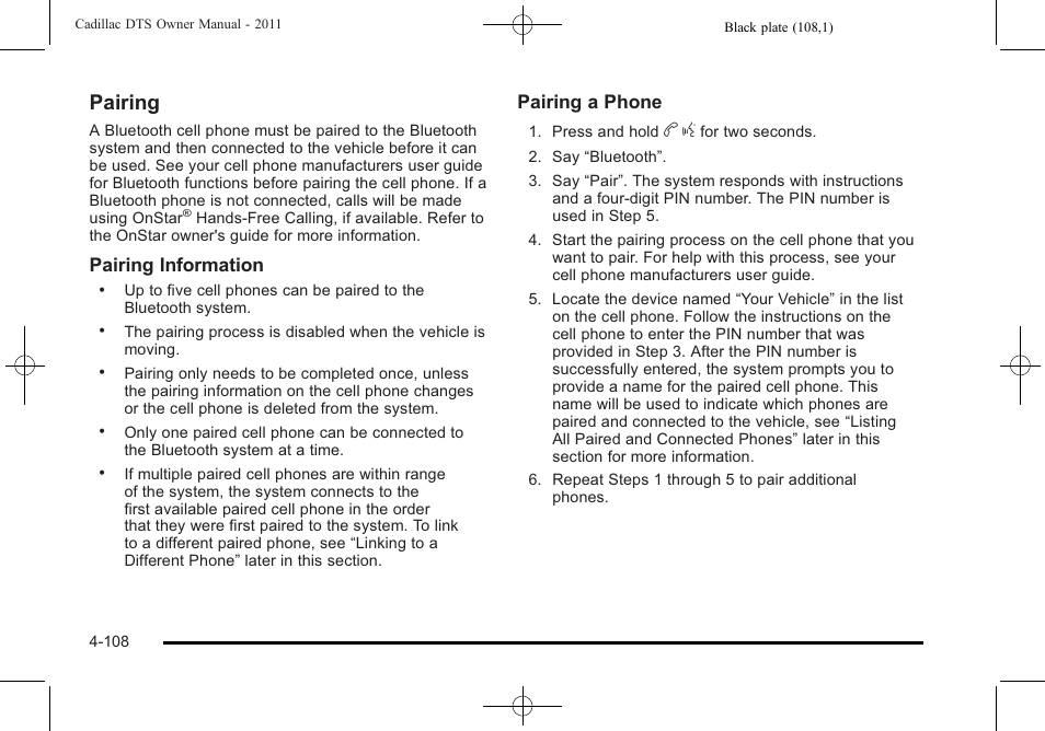 Pairing, Pairing information, Pairing a phone | Cadillac 2011 DTS User Manual | Page 270 / 470