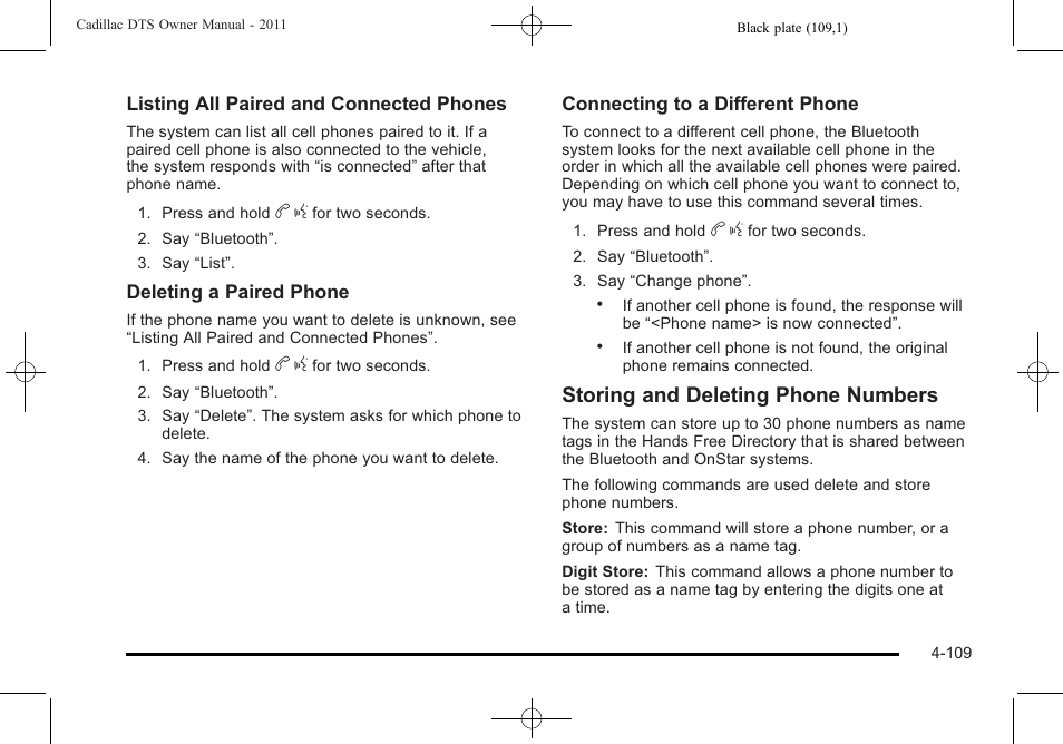 Storing and deleting phone numbers | Cadillac 2011 DTS User Manual | Page 271 / 470