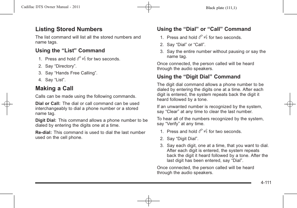 Listing stored numbers, Making a call | Cadillac 2011 DTS User Manual | Page 273 / 470