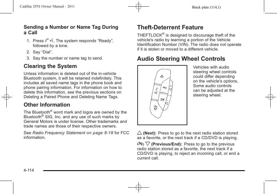 Theft-deterrent feature, Audio steering wheel controls, Clearing the system | Other information | Cadillac 2011 DTS User Manual | Page 276 / 470