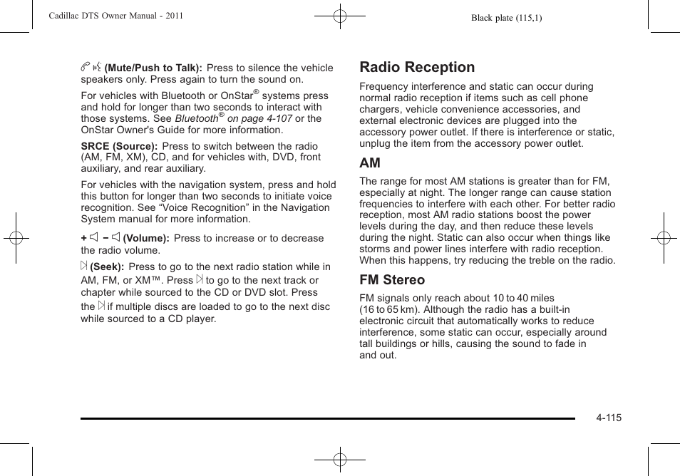 Radio reception, Radio reception -115, Fm stereo | Cadillac 2011 DTS User Manual | Page 277 / 470