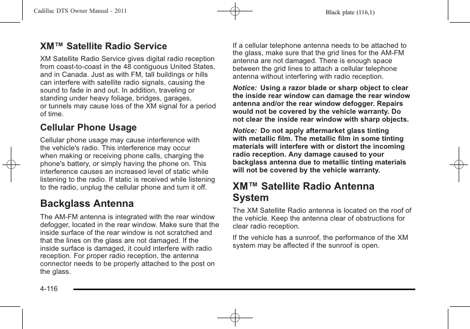 Backglass antenna, Xm satellite radio antenna system, Xm™ satellite radio antenna system | Xm™ satellite radio service, Cellular phone usage | Cadillac 2011 DTS User Manual | Page 278 / 470