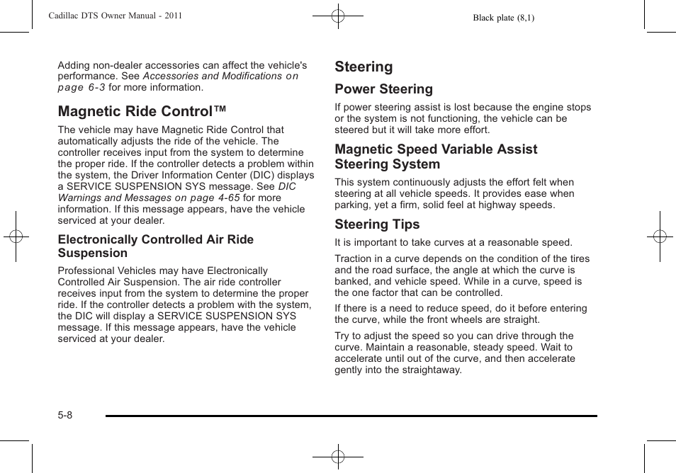 Magnetic ride control, Steering, Magnetic ride control™ -8 steering -8 | Towing, Power steering, Magnetic speed variable assist steering system, Steering tips | Cadillac 2011 DTS User Manual | Page 286 / 470