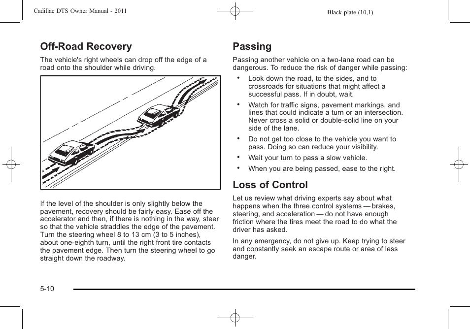 Off-road recovery, Passing, Loss of control | Cadillac 2011 DTS User Manual | Page 288 / 470
