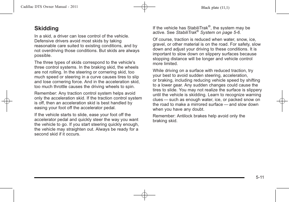 Skidding | Cadillac 2011 DTS User Manual | Page 289 / 470