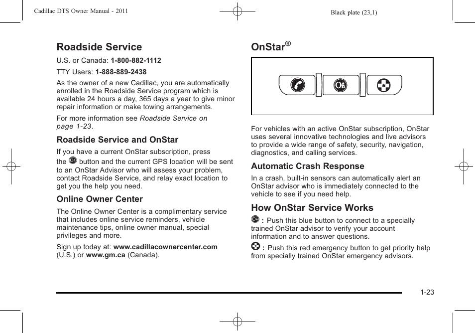 Roadside service, Onstar, Roadside service -23 onstar | How onstar service works q | Cadillac 2011 DTS User Manual | Page 29 / 470