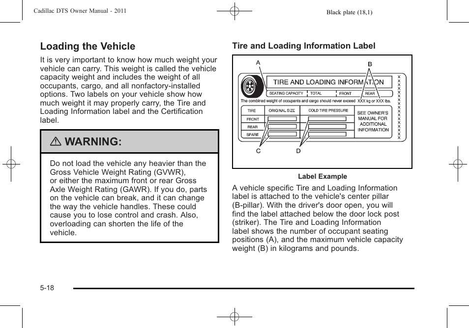 Loading the vehicle, Loading the vehicle -18, Warning | Cadillac 2011 DTS User Manual | Page 296 / 470