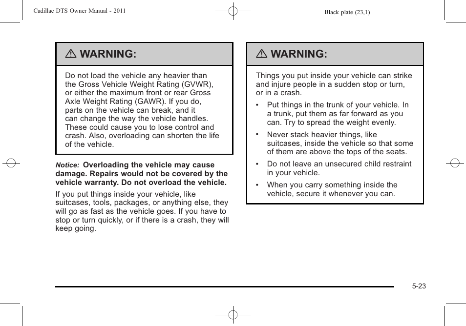 Warning | Cadillac 2011 DTS User Manual | Page 301 / 470