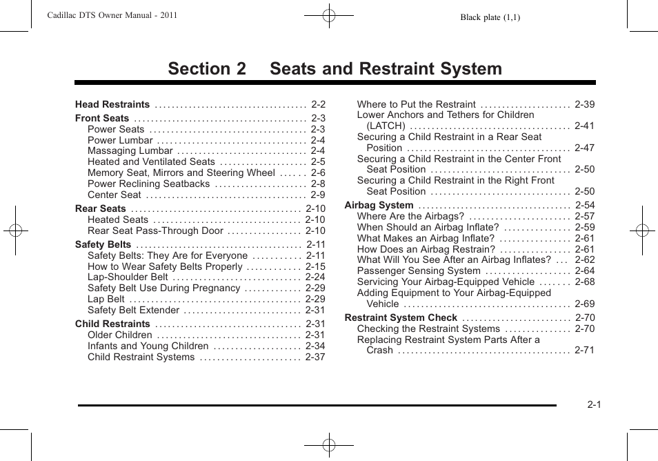 Seats and restraint system, Seats and restraint system -1 | Cadillac 2011 DTS User Manual | Page 33 / 470