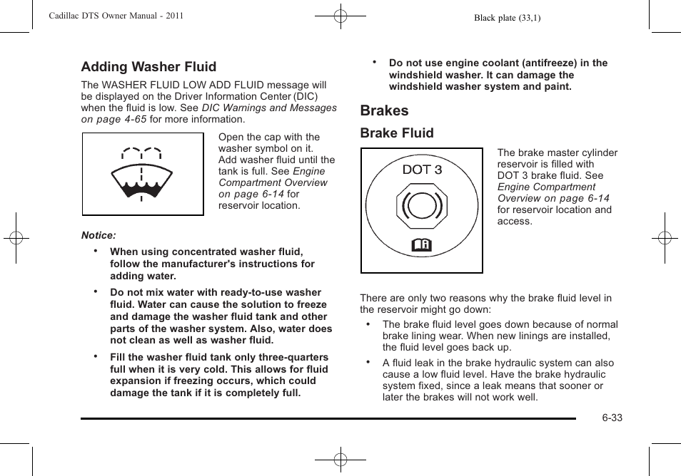 Brakes, Brakes -33, Adding washer fluid | Brake fluid | Cadillac 2011 DTS User Manual | Page 343 / 470
