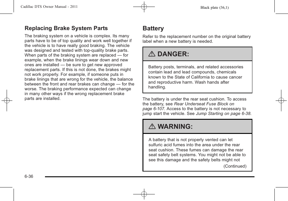 Battery, Battery -36, Danger | Warning | Cadillac 2011 DTS User Manual | Page 346 / 470