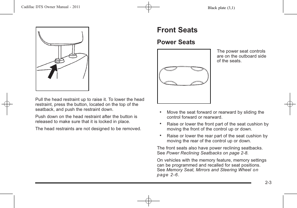 Front seats, Power seats, Front seats -3 | Instrument, Power seats -3 | Cadillac 2011 DTS User Manual | Page 35 / 470