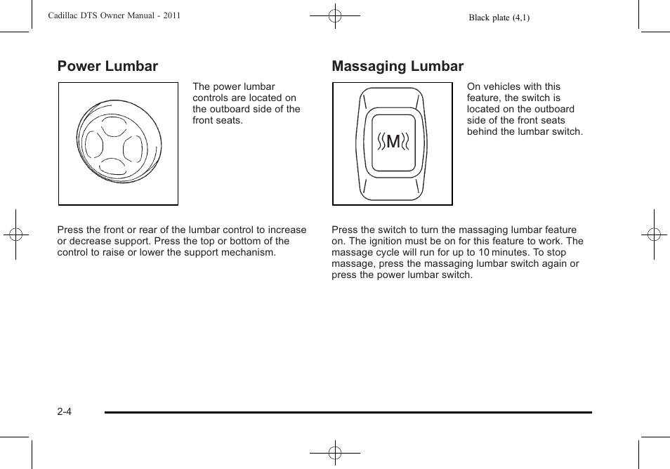Power lumbar, Massaging lumbar, Power lumbar -4 massaging lumbar -4 | Cadillac 2011 DTS User Manual | Page 36 / 470