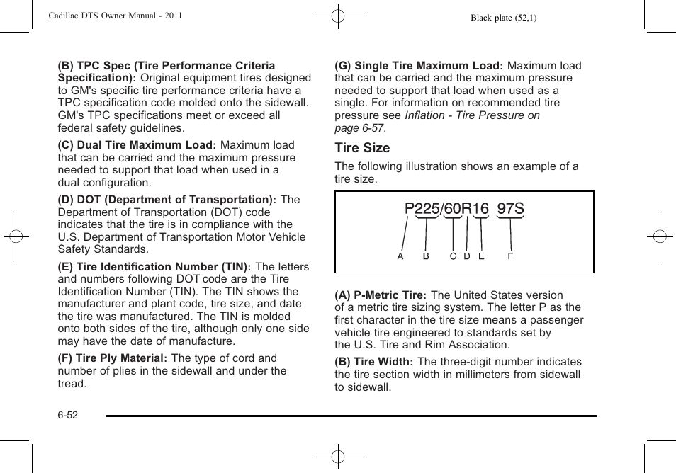 Tire size | Cadillac 2011 DTS User Manual | Page 362 / 470