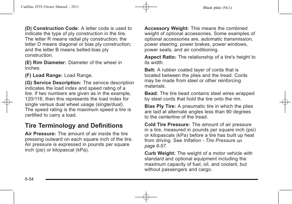 Tire terminology and definitions, Tire terminology and definitions -54 | Cadillac 2011 DTS User Manual | Page 364 / 470