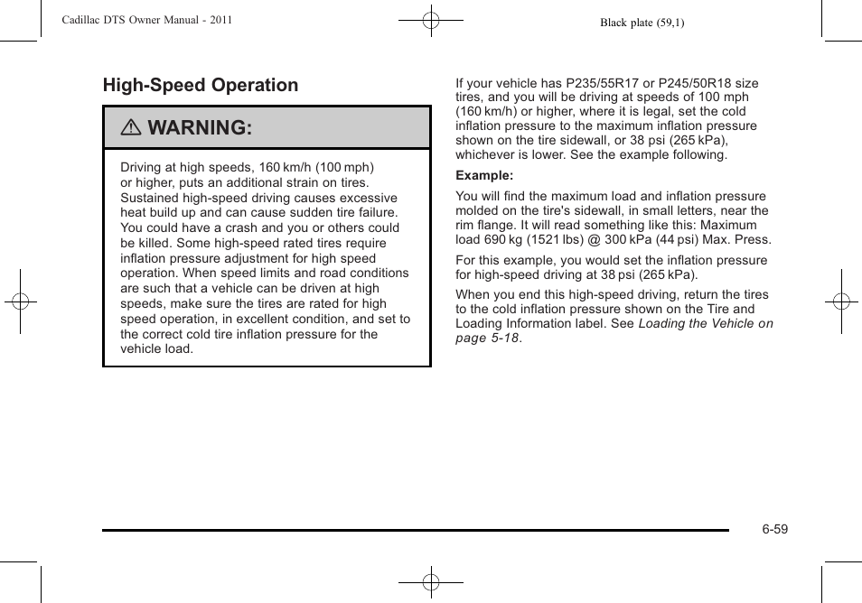 High-speed operation, High-speed operation -59, Warning | Cadillac 2011 DTS User Manual | Page 369 / 470