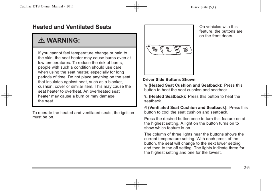 Heated and ventilated seats, Heated and ventilated seats -5, Warning | Cadillac 2011 DTS User Manual | Page 37 / 470