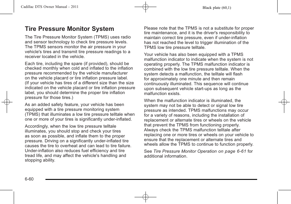 Tire pressure monitor system, Tire pressure monitor system -60 | Cadillac 2011 DTS User Manual | Page 370 / 470
