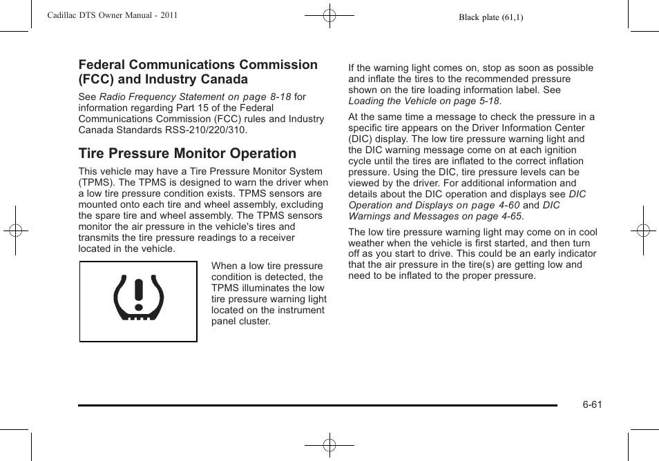 Tire pressure monitor operation, Tire pressure monitor operation -61 | Cadillac 2011 DTS User Manual | Page 371 / 470