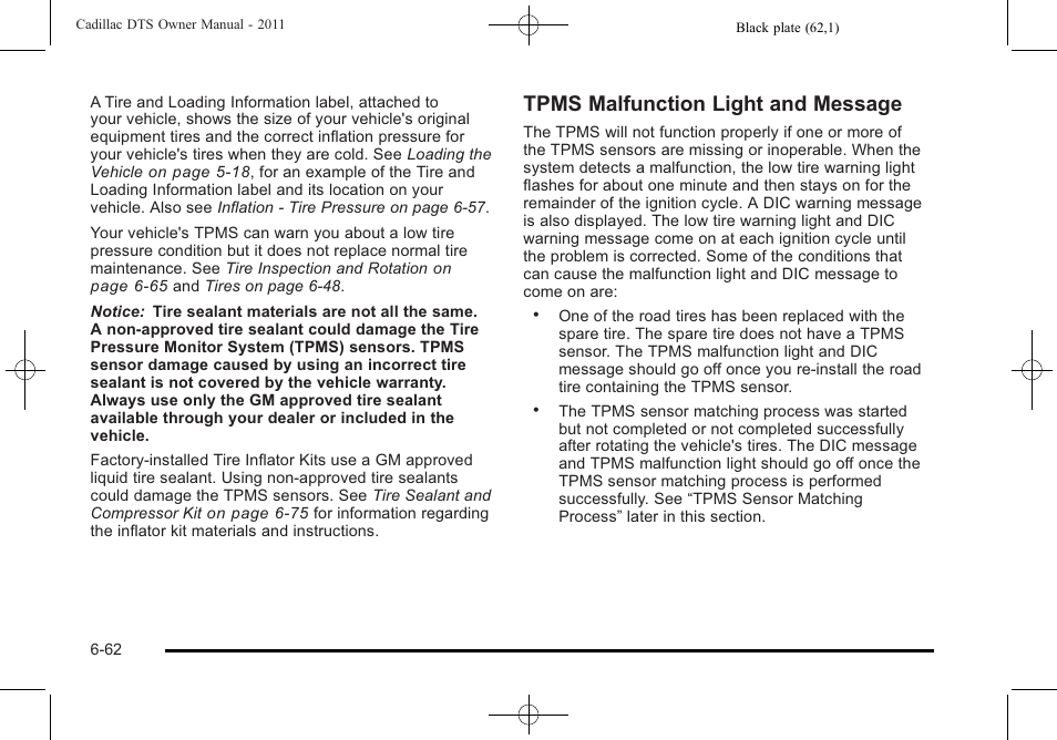 Tpms malfunction light and message | Cadillac 2011 DTS User Manual | Page 372 / 470