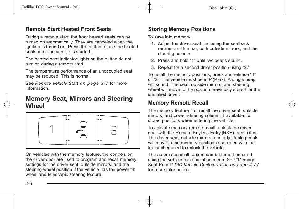 Memory seat, mirrors and steering wheel, Memory seat, mirrors and steering wheel -6 | Cadillac 2011 DTS User Manual | Page 38 / 470