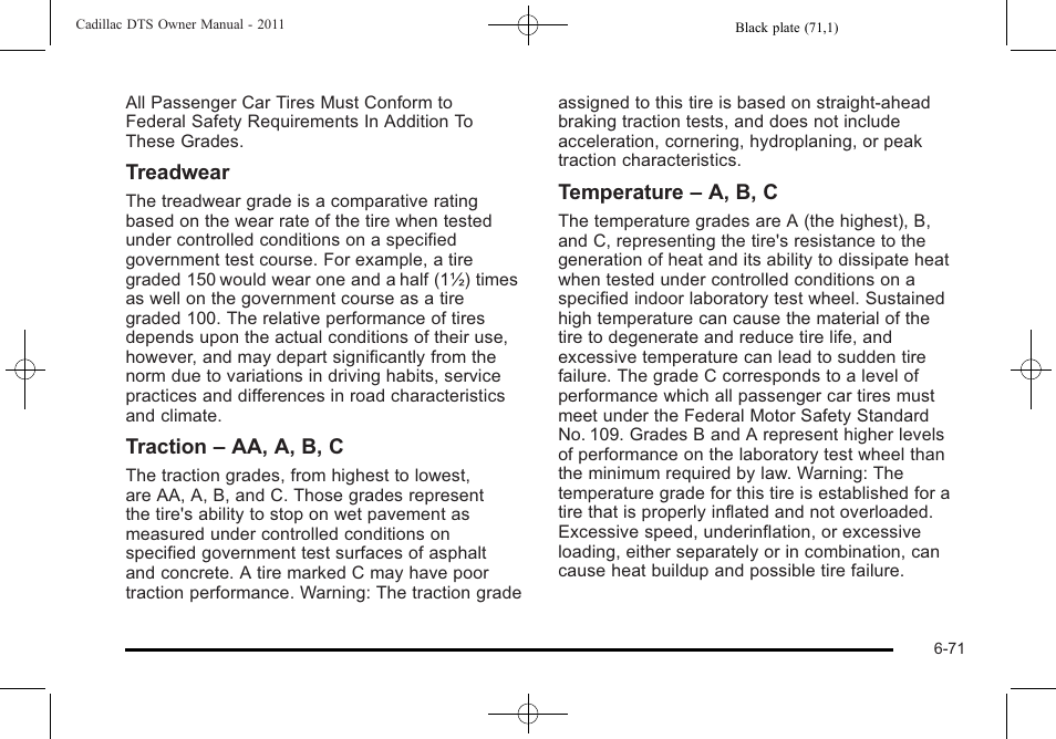 Treadwear, Traction – aa, a, b, c, Temperature – a, b, c | Cadillac 2011 DTS User Manual | Page 381 / 470