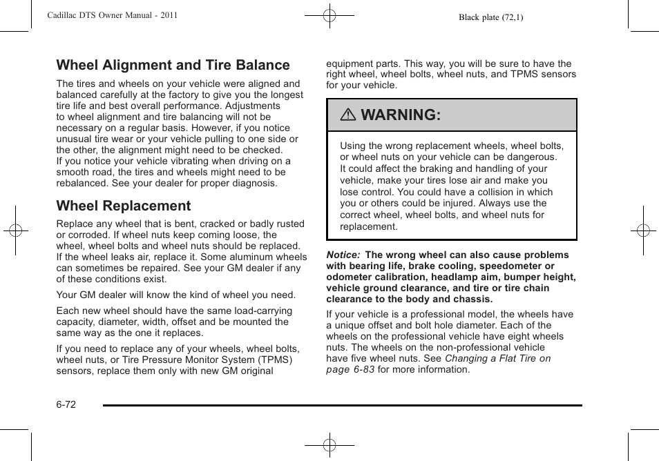 Wheel alignment and tire balance, Wheel replacement, Warning | Cadillac 2011 DTS User Manual | Page 382 / 470
